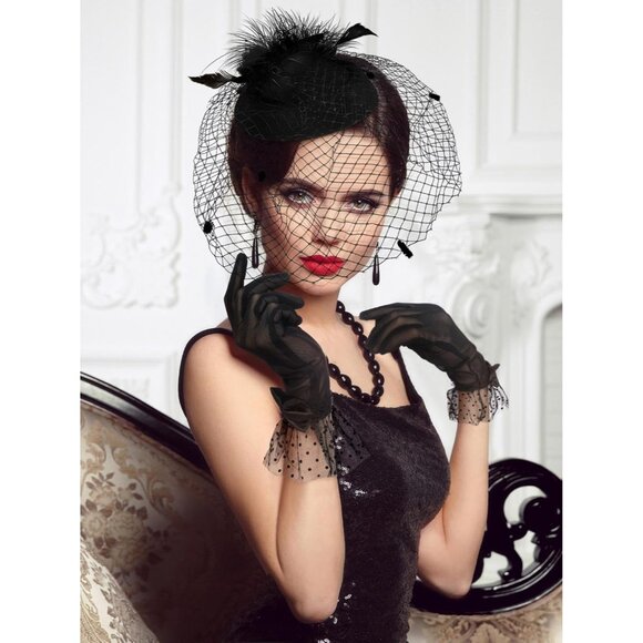 Women’s 50s Fascinators Feather Pillbox Hat Lace Gloves for Weddings Parties - Picture 2 of 7